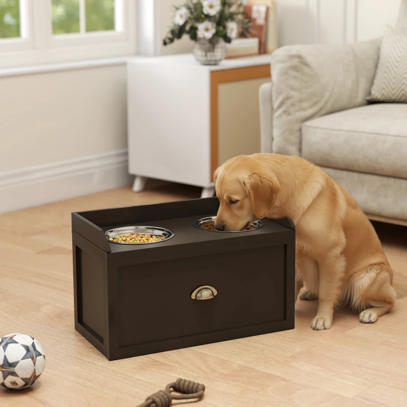 PawHut Gamelles Chiens Surélevées, Porte-Gamelles Surélevé Rangement 2 en 1, Tiroir, 2 Gamelles, 60x30x36cm, Marron Café
