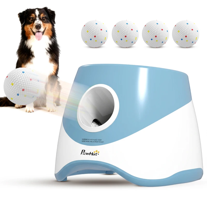 PawHut Automatic Dog Ball Launcher with 5 ETPU Balls 5.8 cm, 3 Distance Settings 6/10/14 m, Blue