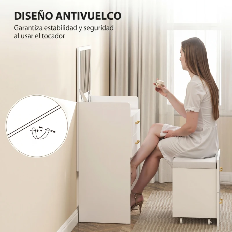 HOMCOM Tocador de Maquillaje con Taburete 3 en 1 con Espejo Cajones y Tablero de Vidrio Visible 48x40x90 cm Blanco