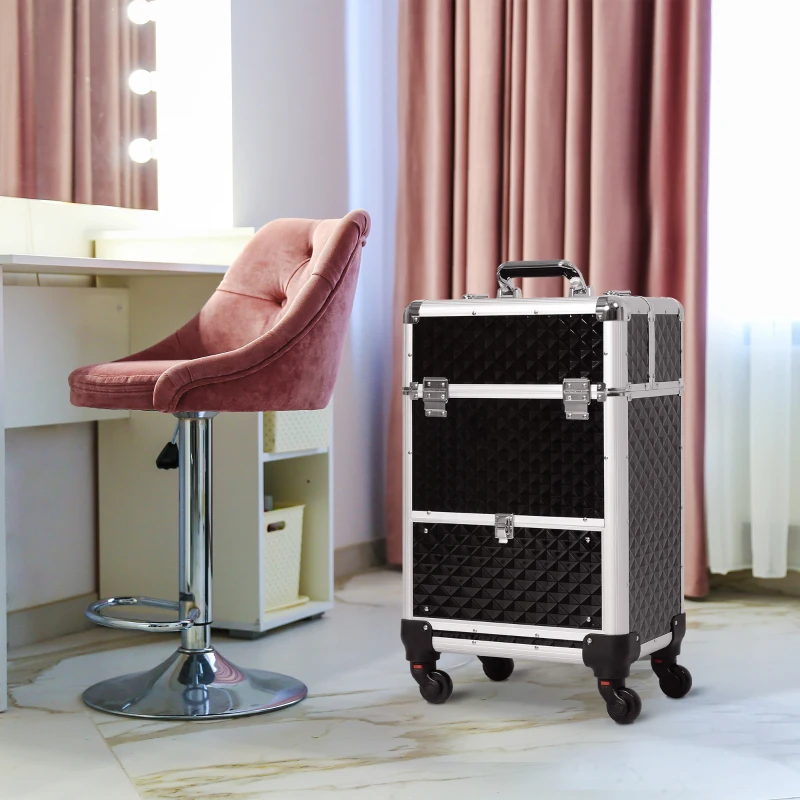 HOMCOM Maletín de Maquillaje Profesional con Cajón Maleta de Maquillaje con Ruedas para Viaje Trabajo 34x25x62 cm Negro
