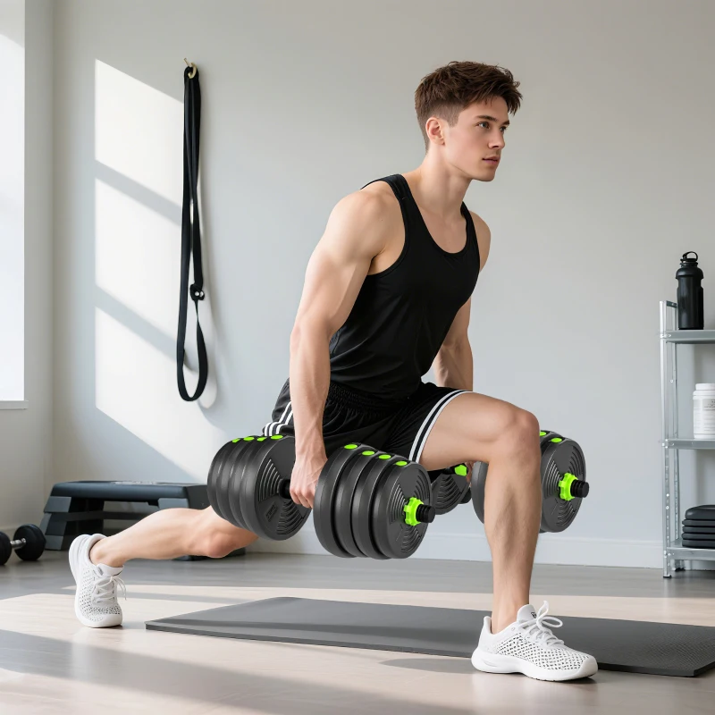 SPORTNOW Juego de Mancuernas Ajustables 30 kg 3 en 1 con Barras de Conexión y Mangos Antideslizantes para Gimnasio en Casa Verde