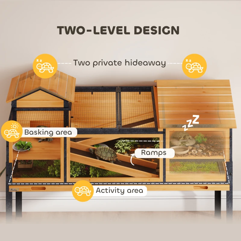 PawHut Wooden Tortoise House with Stand Legs, Clear Observation Windows, Ramps, Openable Top, Built-in Tray, Yellow
