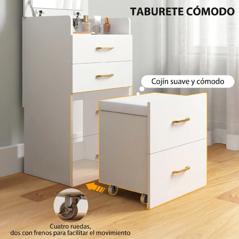 HOMCOM Tocador de Maquillaje con Taburete 3 en 1 con Espejo Cajones y Tablero de Vidrio Visible 48x40x90 cm Blanco
