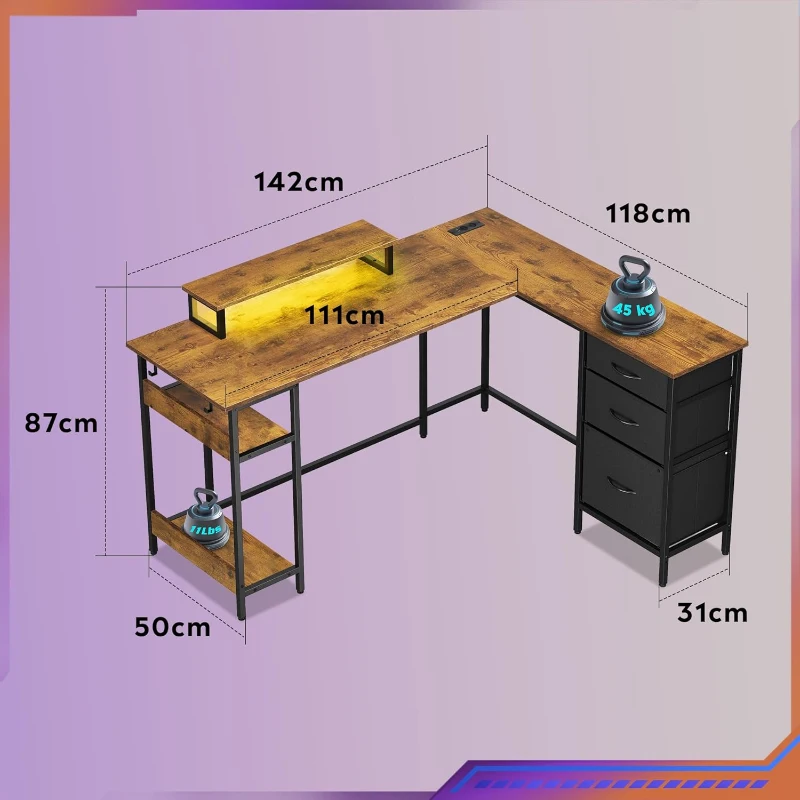 L-förmiger Eckschreibtisch mit LED-Beleuchtung, erhöhter Monitoraufsatz + Kopfhörerhaken, 142x118x87.5 cm, Braun