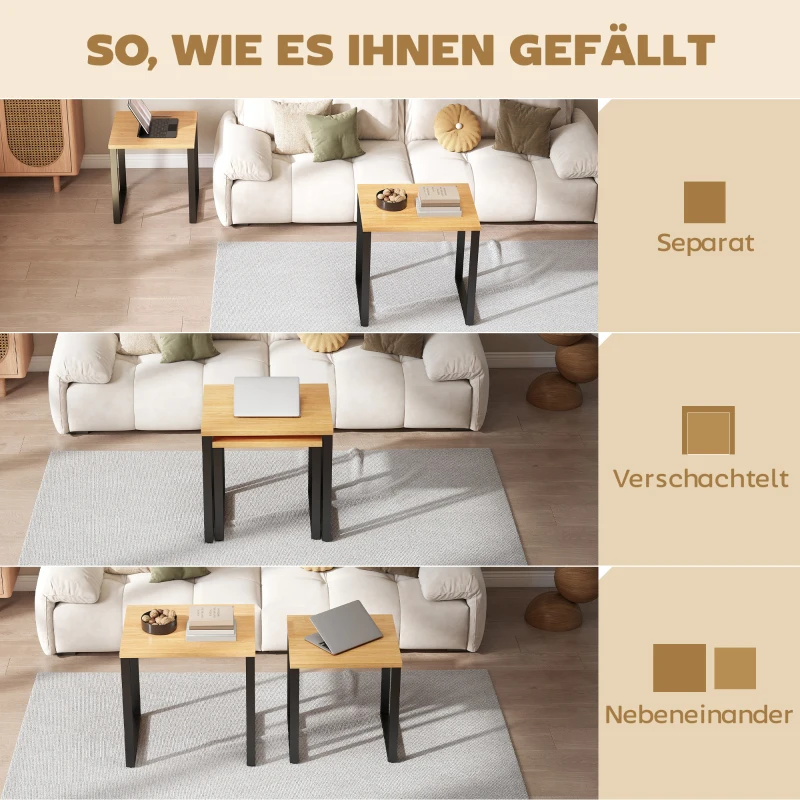 HOMCOM Salontafel set (2-delig) woonkamerstafel met metalen frame voor woonkamer Natuur