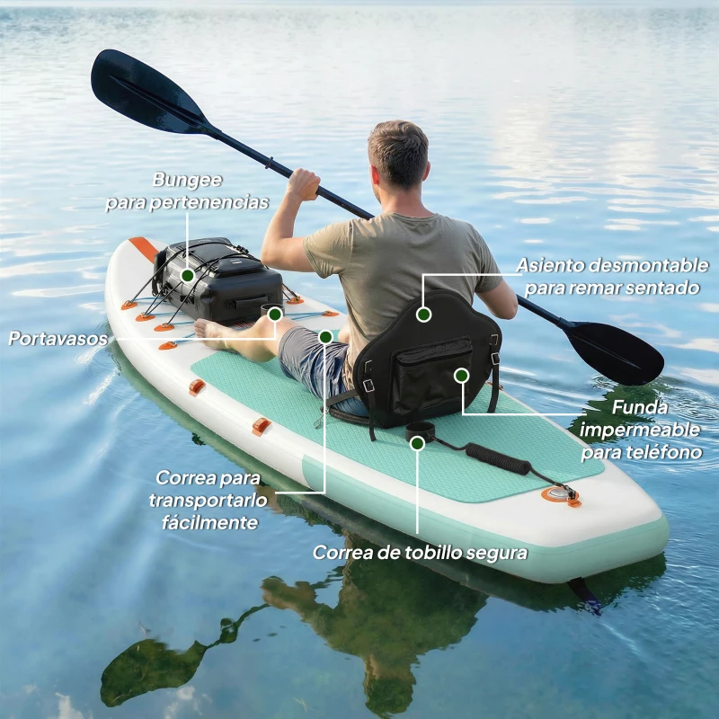 Outsunny Tabla Paddle Surf Hinchable SUP Extra Largo de 335 cm con Asiento Remo Convertible Aletas Bomba y Mochila Carga 180 kg