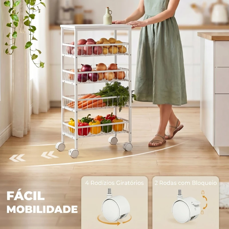 HOMCOM Carrinho Auxiliar com Rodas com 4 Cestos Amovíveis Carga até 15 kg Estrutura Metálica para Sala de Jantar e Casa de Banho 40x24x82 cm Branco