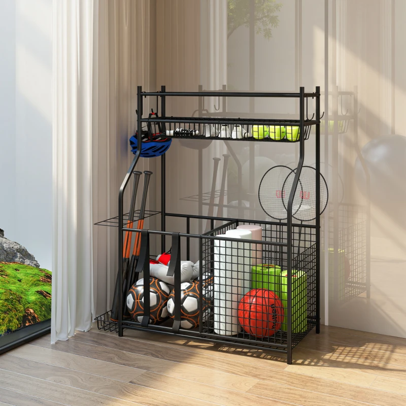 SPORTNOW Organizador de Equipamentos Desportivos com Cesta Ganchos Removíveis e Faixas Elásticas Suporte para Bolas 92x42x109 cm Preto