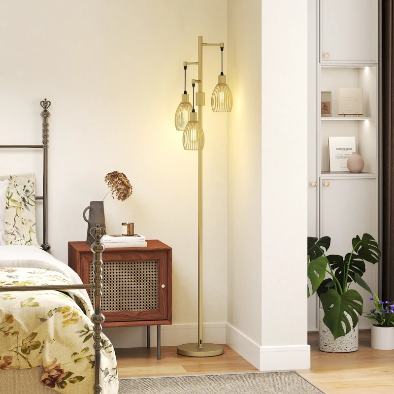HOMCOM 170.5cm Industrial Dimmable Standing Lamp, 3-Light Floor Lamp with Steel Wire Cage Lampshades, Gold Tone