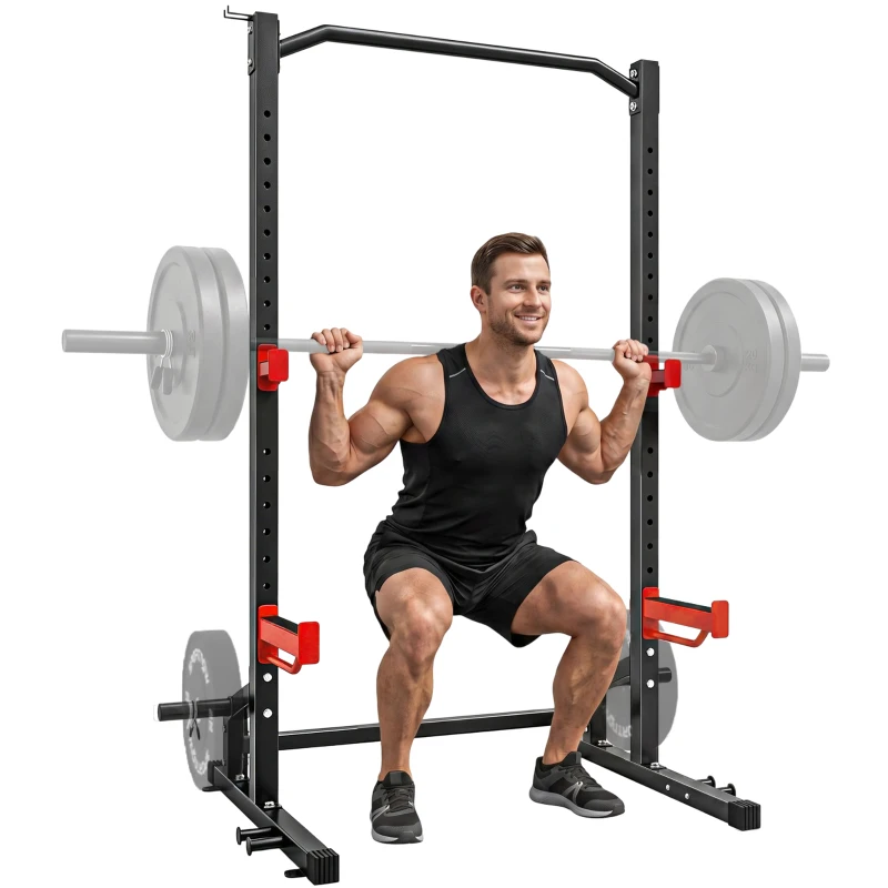 SPORTNOW Power Tower Multifonction Charge 500 kg, Barre de Traction, Rack de Squat, Supports pour Disques, 157x105x205cm, Rouge