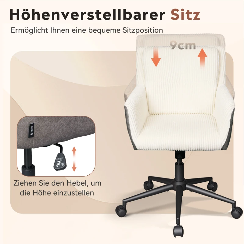 Homeoffice- und Schminkstuhl, höhenverstellbar, 360° drehbar, leise Rollen, 56x44.5x81 cm, Weiß