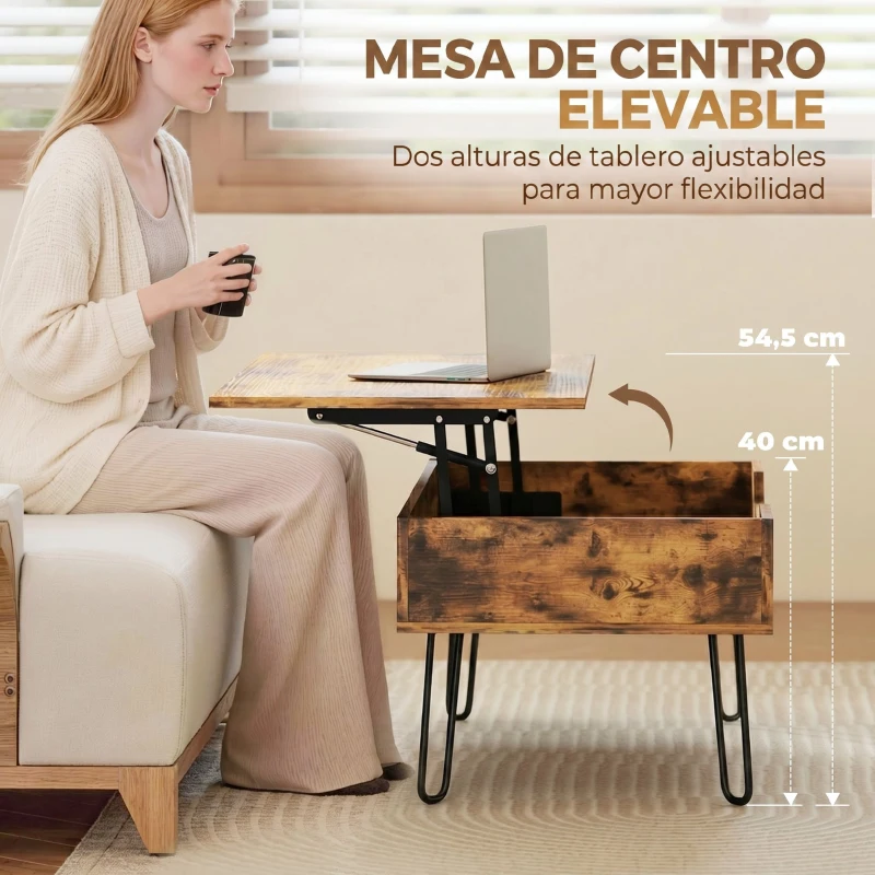 HOMCOM Mesa de Centro con Tapa Elevable Compartimento Oculto Patas de Acero 95x50x40 cm Marrón Rústico