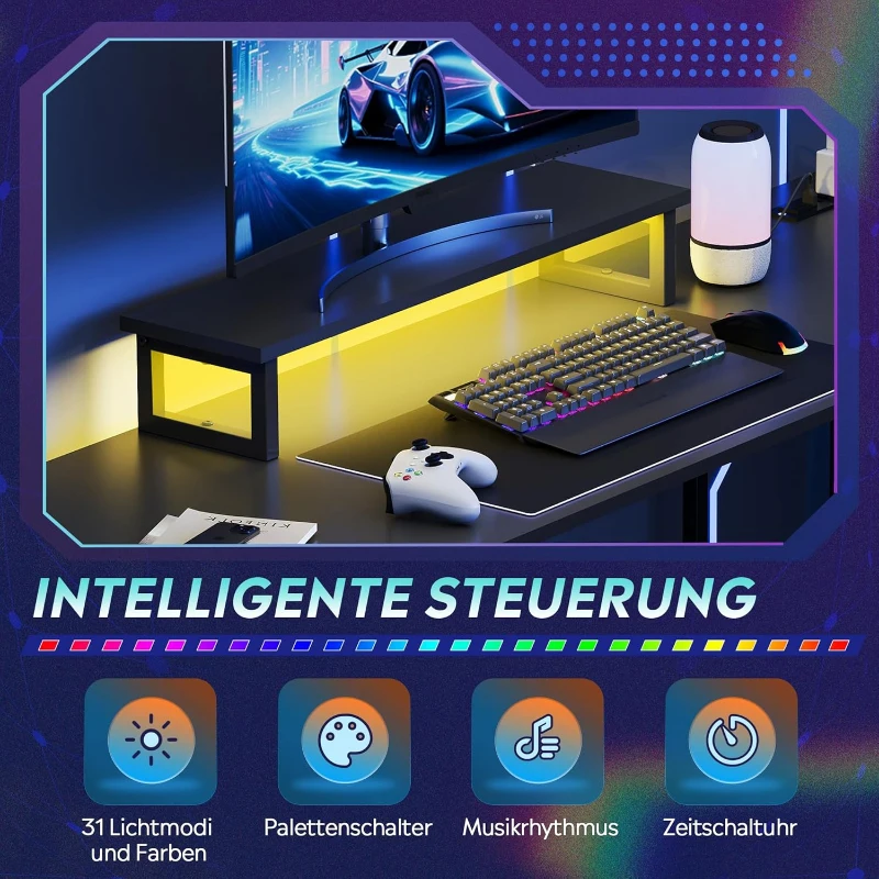 L-förmiger Eckschreibtisch, app‑steuerbare LED und integrierte Stromstation, 167.5x50x87.5 cm, Schwarz