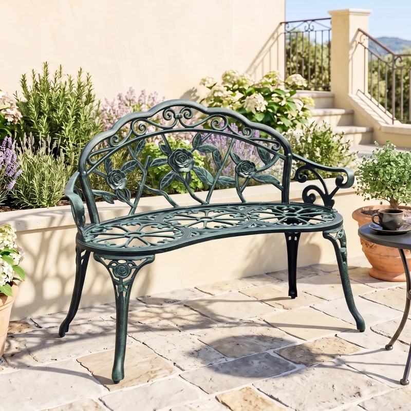 Outsunny Banc de Jardin 2 Places Style néo-rétro Motif Rose Lignes fuselées 100L x 54l x 78H cm Fonte d'aluminium Vert