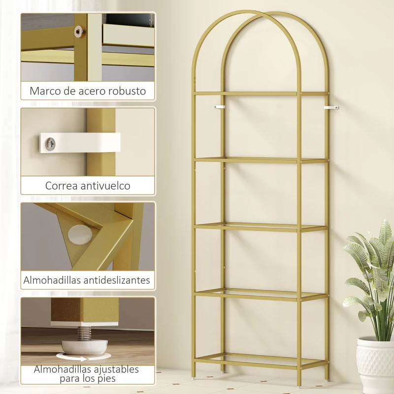 HOMCOM Estantería de Vidrio de 5 Niveles Estantería Almacenaje Estructura Arqueada Librería Estrecha 60x30x175 cm Dorado