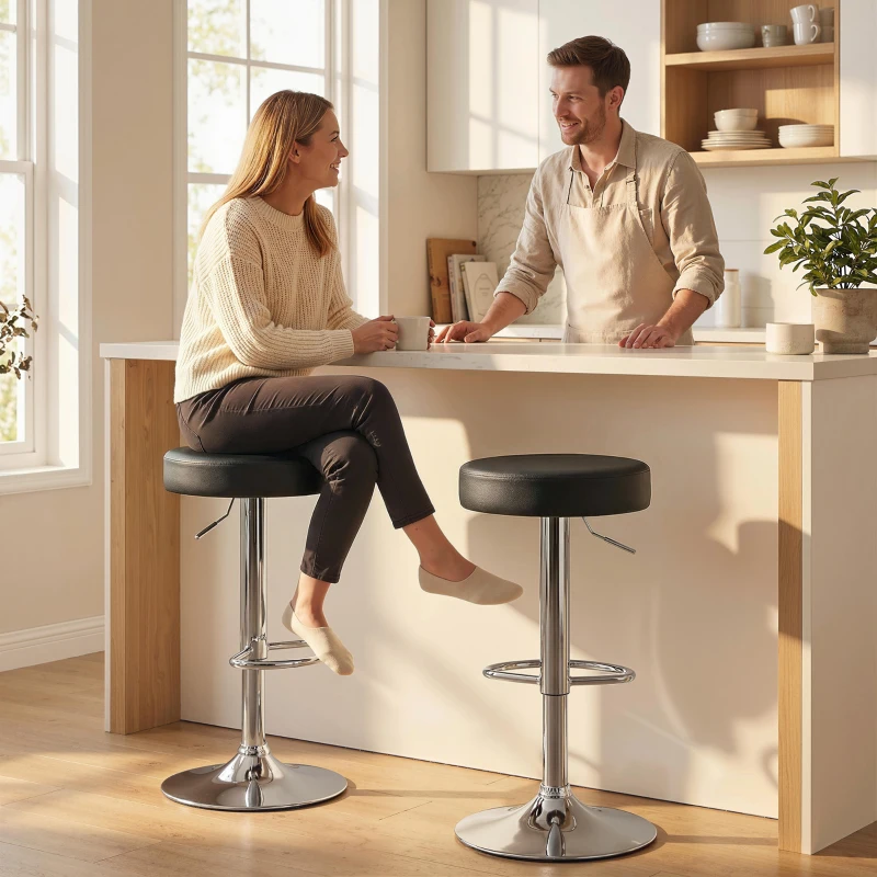 HOMCOM Bar Stools Set of 2, Modern PU Leather Swivel Barstools, Height Adjustable Breakfast Bar Chairs with Footrest, Black