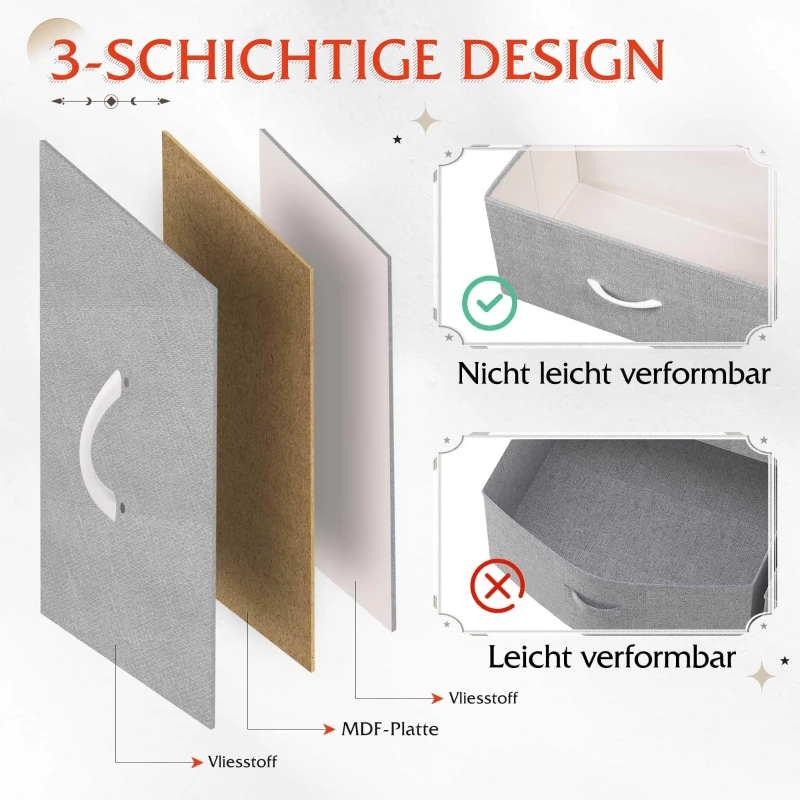 Kommode mit 3 Schubladen, geruchsneutrale Holzplatte, klappbare Stoffschubladen, 39.8x29.8x75.1 cm, Hellgrau
