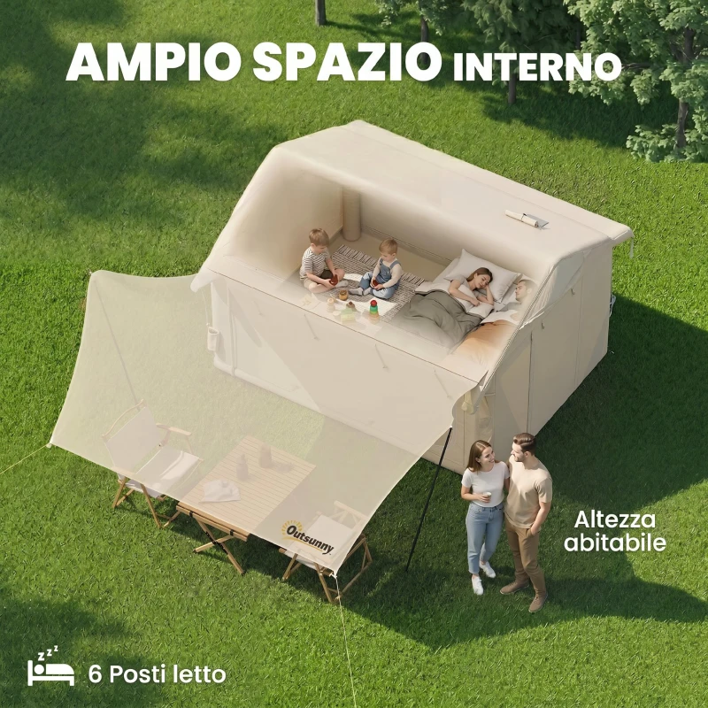 Outsunny Tenda da Campeggio Gonfiabile con Pompa, Impermeabile 3000mm e Antivento, Cachi