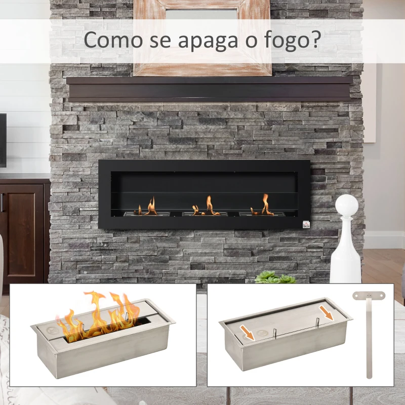 HOMCOM Lareira de Bioetanol de Parede com Depósito de 1 L Tempo de Combustão 3H para Interiores 20 m² 120x15x40 cm Preto