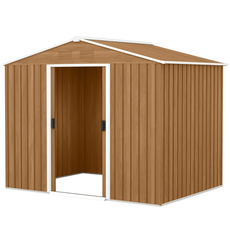Outsunny Casetta da Giardino in Lamiera di Acciaio con Porte Scorrevoli, 236x174x190cm, Marrone