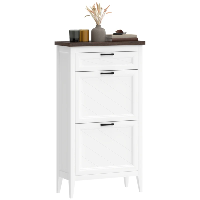 HOMCOM Shoe Cabinet with 2 Flip Drawers, Farmhouse Narrow Shoe Storage Cabinet with Adjustable Shelves, White