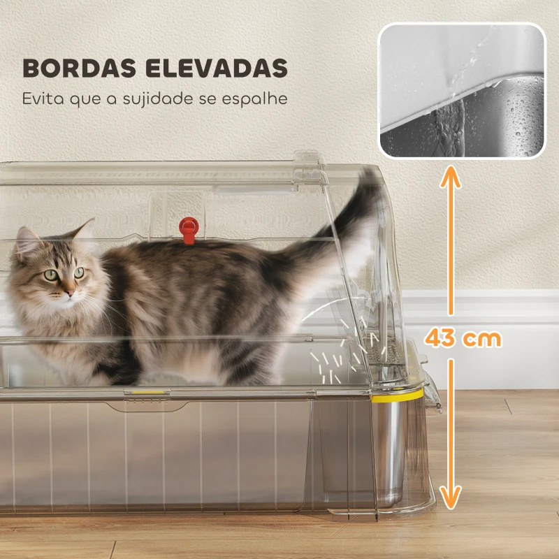 PawHut Caixa de Areia para Gatos de Aço Inoxidável XL com Tampa Articulada 180° Laterais Altas Pedal Pá 63x43x43 cm Cinza Claro