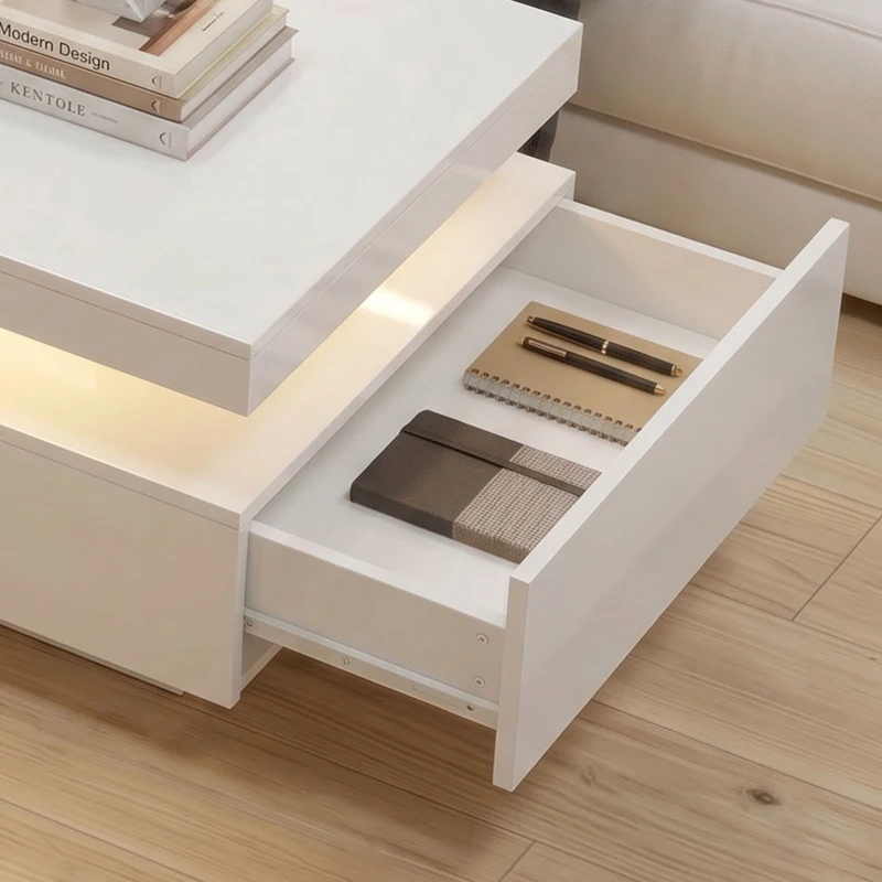 HOMCOM Mesa de Centro LED con Almacenamiento Moderno Mueble de Salón de 2 Niveles con 2 Cajones Blanco Brillo