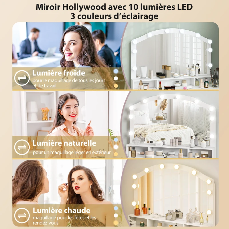 HOMCOM Coiffeuse avec Miroir, Lumières LED Réglable 3 Couleurs, 7 Tiroirs, 3 Compartiments Ouverts, 110 x 40 x 150 cm, Blanc(m-4)
