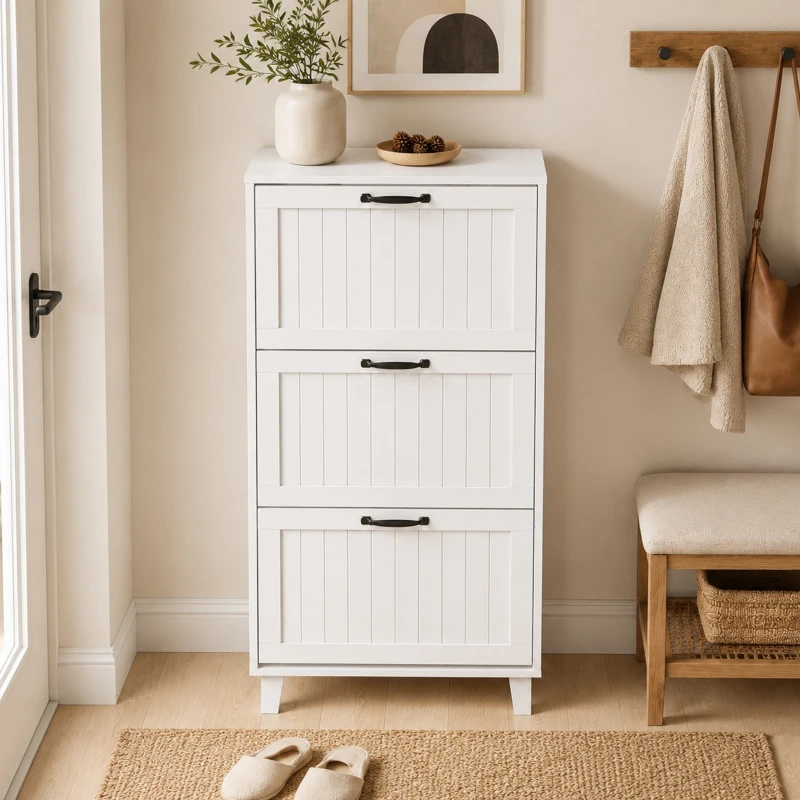 HOMCOM Mueble Zapatero 3 Cajones Abatibles Estantes Regulables Estrecho Blanco