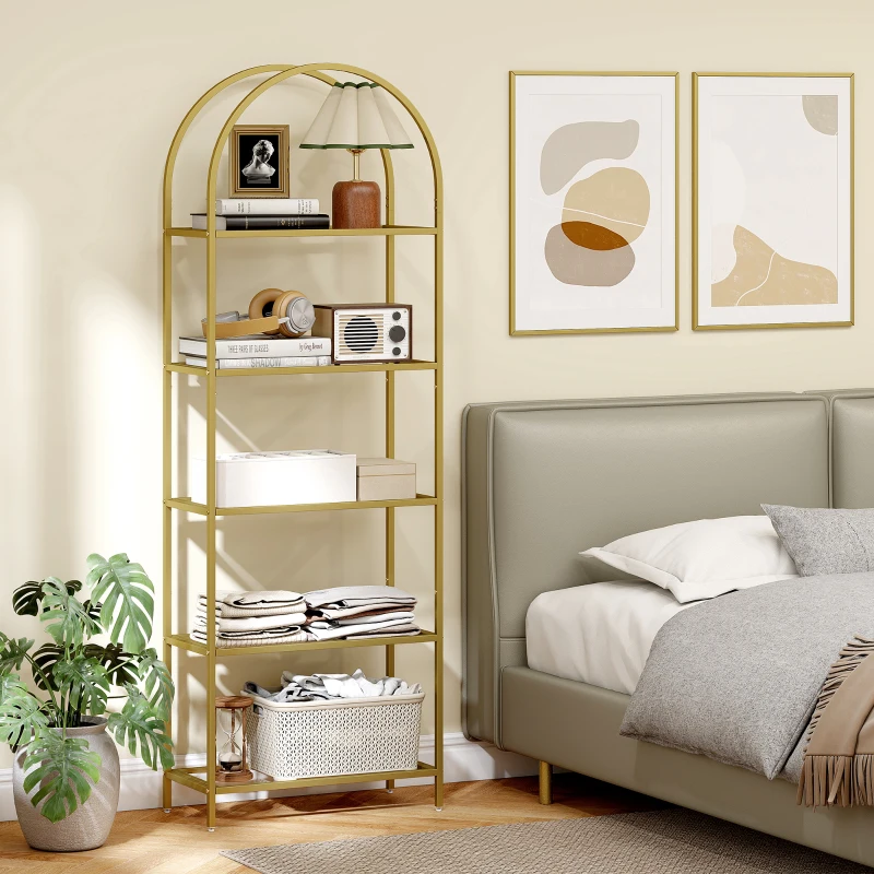 HOMCOM Estantería de Vidrio de 5 Niveles Estantería Almacenaje Estructura Arqueada Librería Estrecha 60x30x175 cm Dorado