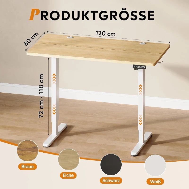 Elektrisch höhenverstellbarer Schreibtisch, leiser Motor mit 3‑fach Memory und Anti‑Kollisionssystem, 120 × 60 cm, 120x60x72-118 cm, Eichenfarbe