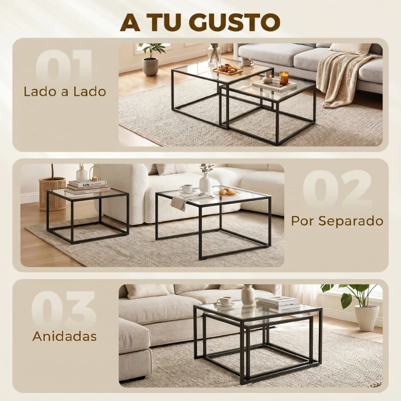 HOMCOM 2 Mesas de Centro Cuadradas Mesas Nido Modernas con Tablero de Vidrio Templado y Estructura Metálica 75x75x42 cm Negro