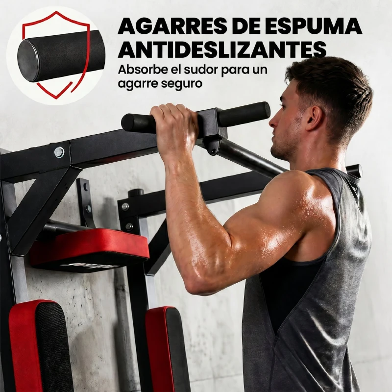 SPORTNOW Barra de Dominadas de Pared 2 en 1 Estación Multifuncional para Gimnasio en Casa Carga 200 kg Rojo