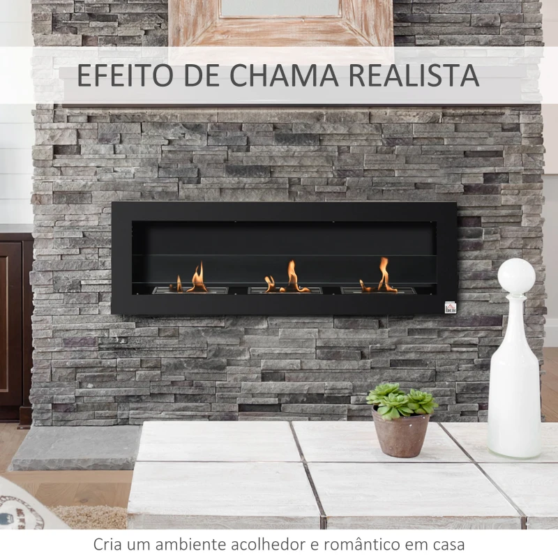 HOMCOM Lareira de Bioetanol de Parede com Depósito de 1 L Tempo de Combustão 3H para Interiores 20 m² 120x15x40 cm Preto