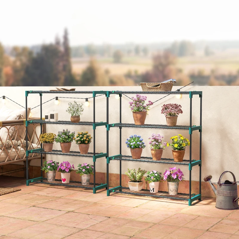 Outsunny Set di 2 Scaffali per Piante a 4 Livelli in Acciaio con Ganci, 90x28x104 cm, Verde