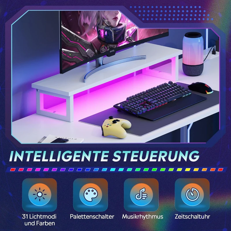 L-förmiger Eckschreibtisch, app‑steuerbare LED und integrierte Stromstation, 167.5x50x87.5 cm, Weiß