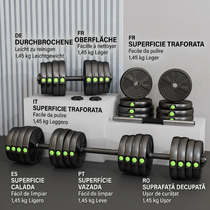 SPORTNOW Set 2 în 1 cu 2 Gantere Convertibile în Halteră, Greutate Totală 30 kg și Discuri de Greutate Reglabile, Negru