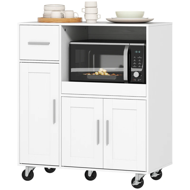 HOMCOM Rolling Kitchen Cart, Microwave Cabinet with Sliding Tray, Drawer, 3-Door Cupboards, Adjustable Shelf, White