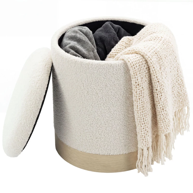 HOMCOM Taburet rotund 38 cm cu husă Sherpa, depozitare și picior metalic cu aspect de lemn, crem