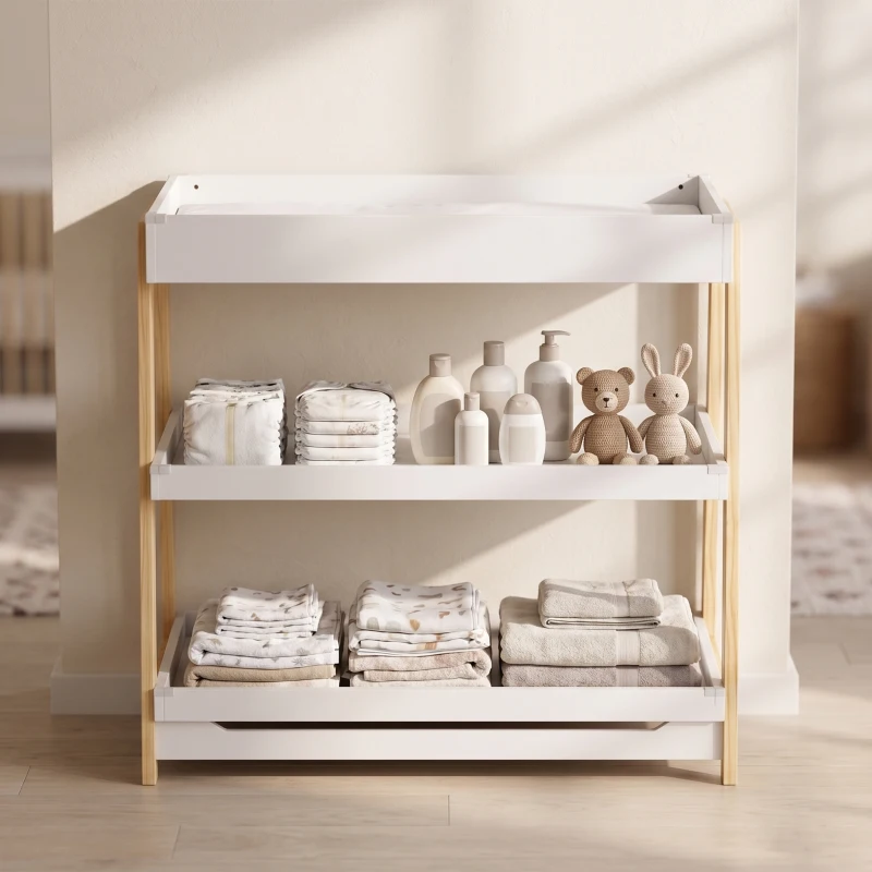 AIYAPLAY Baby Changing Table with 2 Storage Shelves, Nursery Diaper Changing Unit with Waterproof Changing Mat, White
