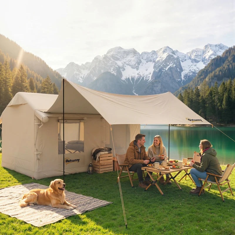 Outsunny Inflatable Tents Waterproof Glamping Tent with Stove Jack for 6-8 Person