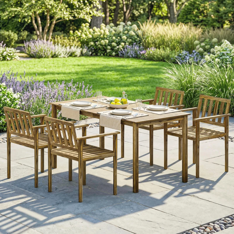 Outsunny Set da Pranzo da Giardino 5 Pezzi, Tavolo e Sedie per 4 Persone, Teak