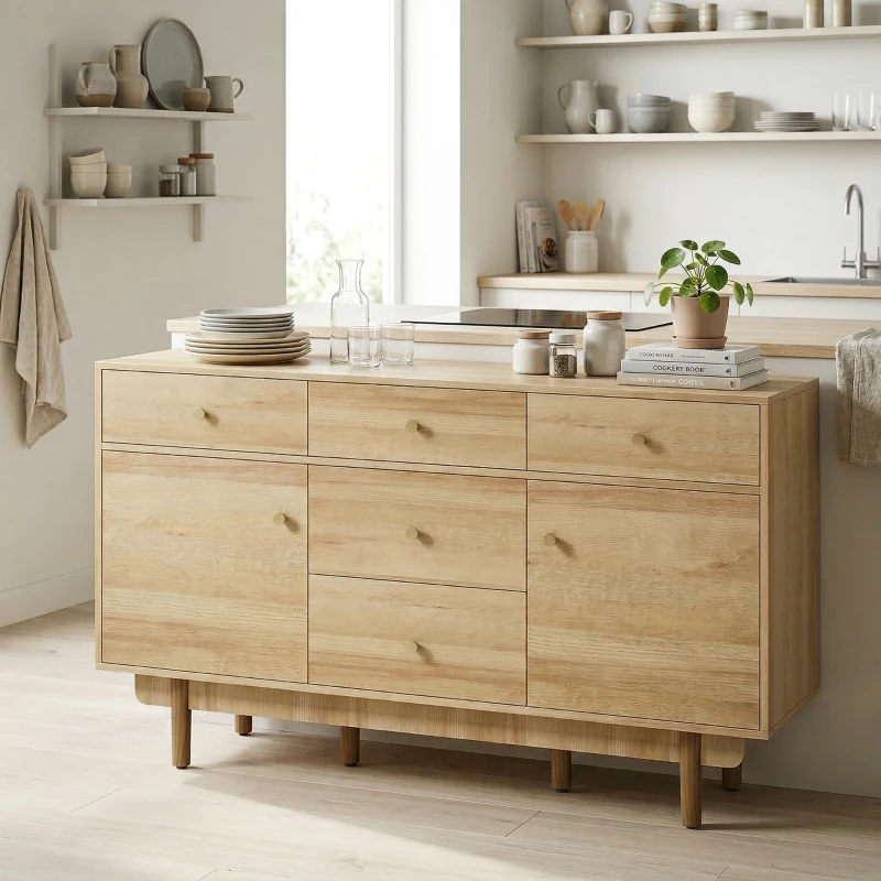 HOMCOM Sideboard with 5 Drawers and 2 Cabinets Buffet Cabinet with Solid Wood Legs 136 cm Walnut