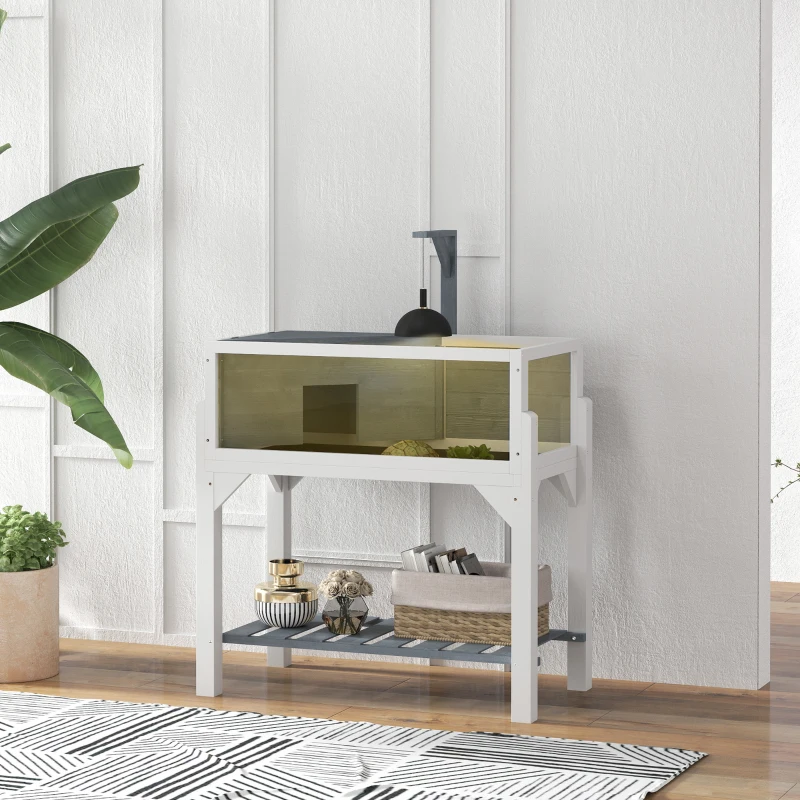 PawHut Casa de Tortugas de Madera con Estante Soporte para Lámpara Paneles Transparentes Techo Abatible Bandeja Gris