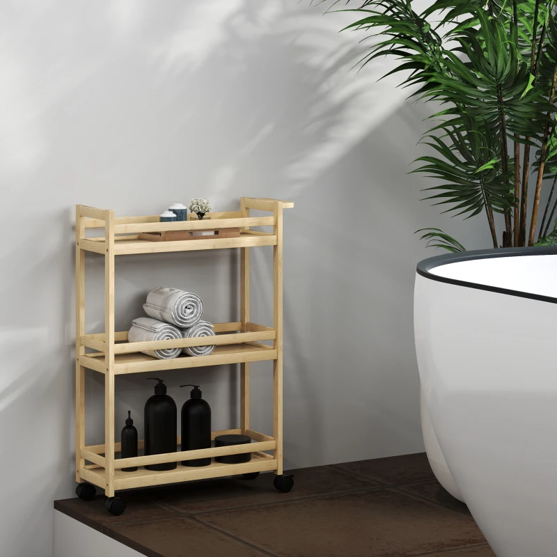 HOMCOM Estantería de Baño de Bambú de 3 Niveles Carrito Auxiliar de Almacenaje con Ruedas 55x20x75 cm Natural