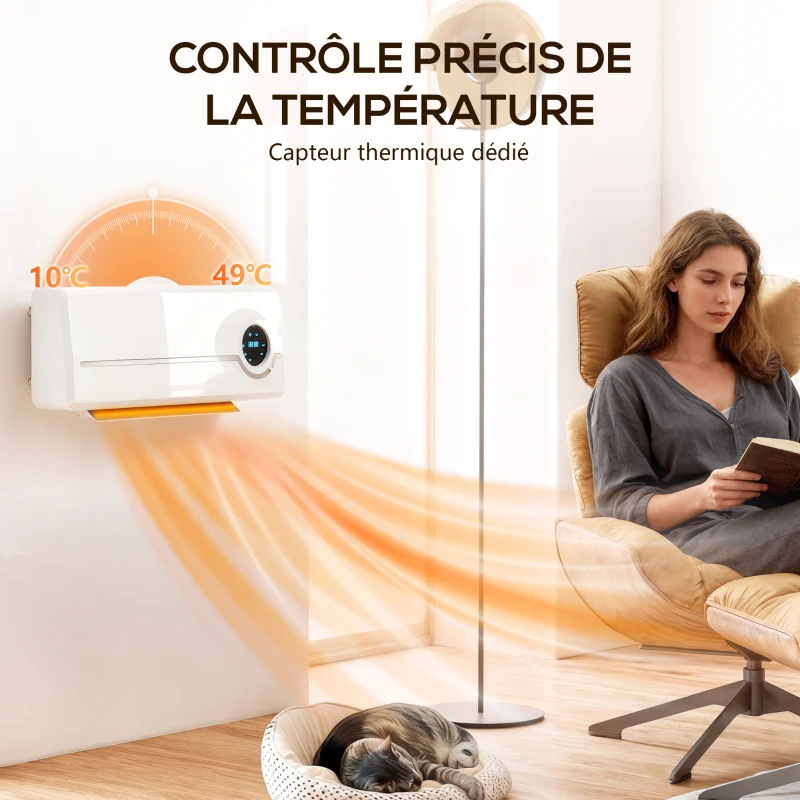 HOMCOM Chauffage mural en céramique 1000/2000W, radiateur électrique, ventilateur, thermostat, minuterie, 50x18,6x12,9cm, blanc(m-7)