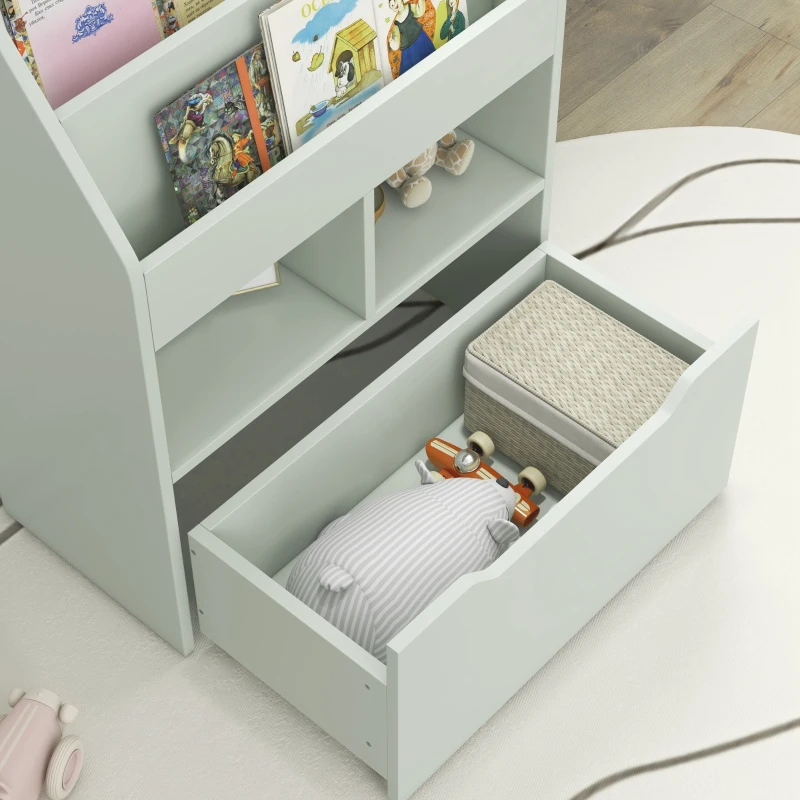 HOMCOM Estantería Infantil de Madera con 3 Compartimentos 2 Cubos y Cajón Móvil con 4 Ruedas 60x29,9x90 cm Verde