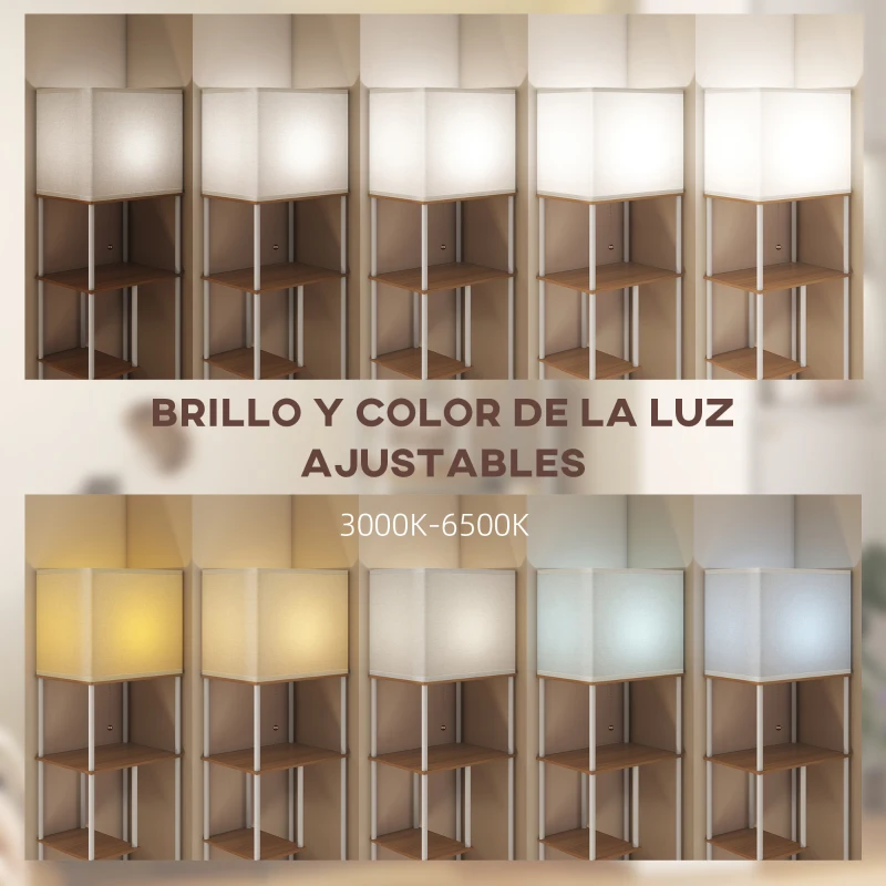 HOMCOM Lámpara de Pie con Estantes Temperaturas de Color Ajustable 3000K-6500K Control Remoto Bombilla E27 Natural