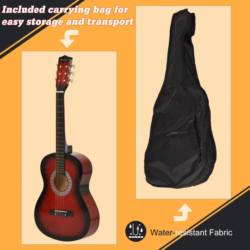 HOMCOM 36" 3/4 Beginner Acoustic Guitar Set, with Protective Case, Red