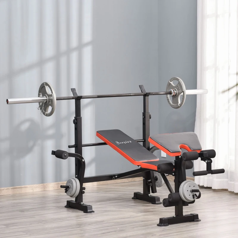 HOMCOM Banco de Musculación Multifuncional, Banco de Pesas con Respaldo Ajustable, Soporte para Barras Regulable, Extensión de Piernas, Curl de Predicador, Mariposa, Entrenamiento Casa Gimnasio, Rojo